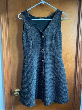 Popular Basics Black Tweed Button-Front Mini Dress